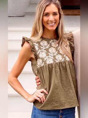 THML Olive Green Floral Embroidered Flutter-Sleeve Top